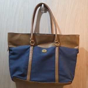 Tommy Hilfiger Navy and Tan Leather-Trim Tote